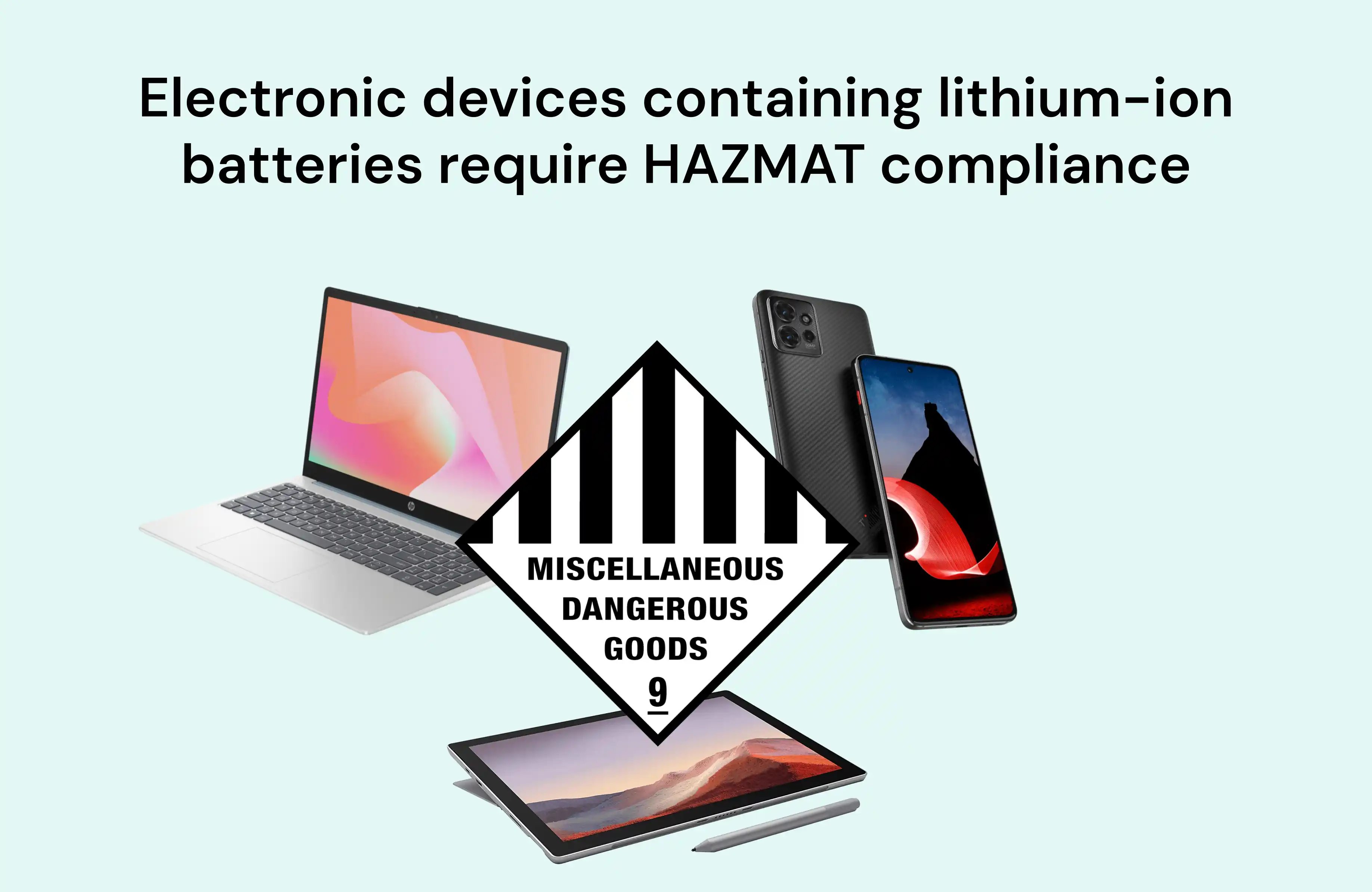 Laptops, smartphones, and tablets are examples of devices containing lithium-ion batteries that require HAZMAT compliance for electronics shipping.
