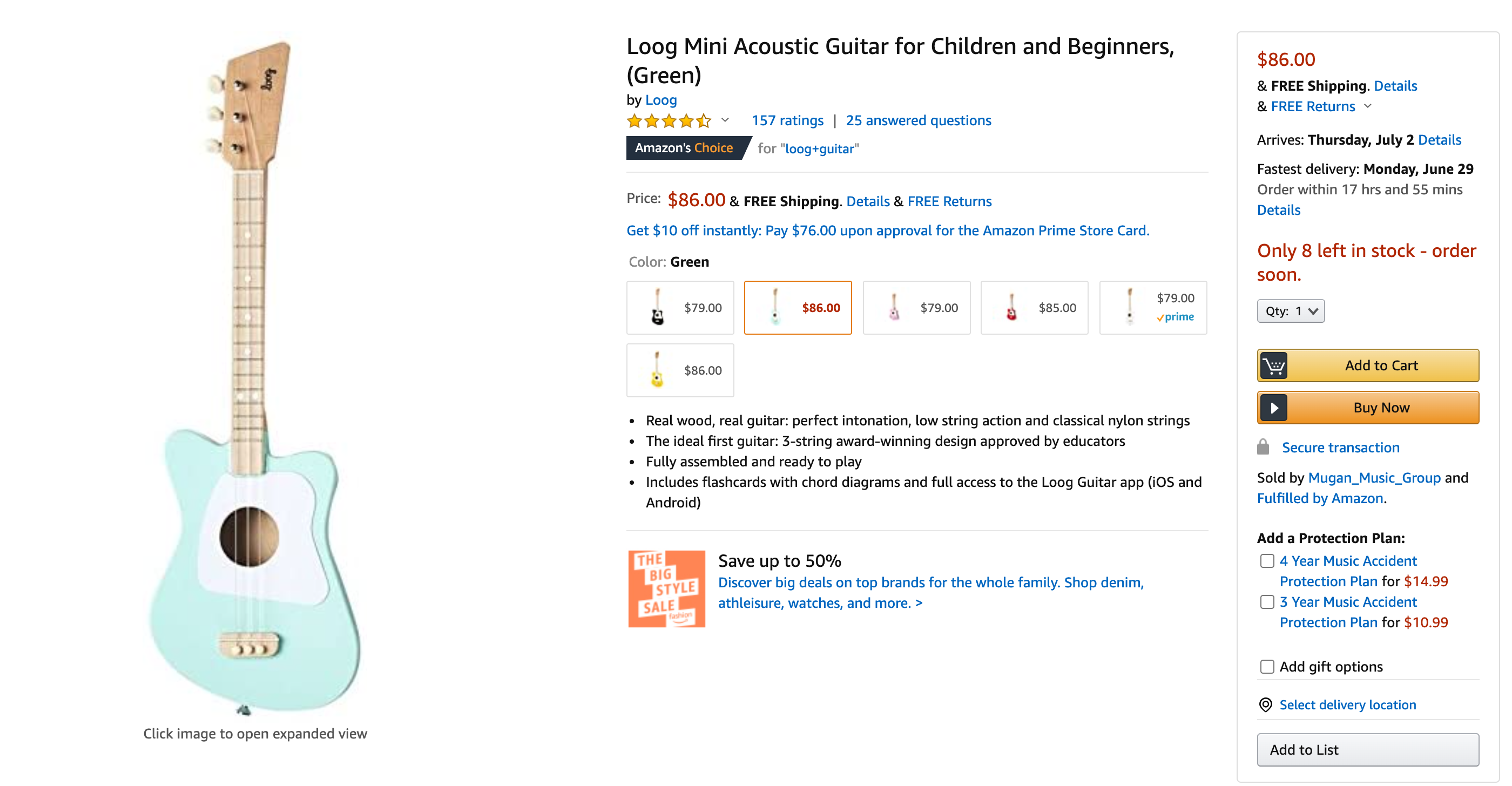 A screenshot from Amazon that shows a Loog product with an accurate shipping date displayed on the product page.