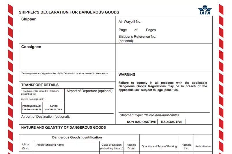 IATA paperwork for declaring dangerous goods.