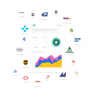 Illustration of a performance dashboard surrounded by logos of logistics platforms, representing integrations enabled by Shipium’s ecommerce shipping software.