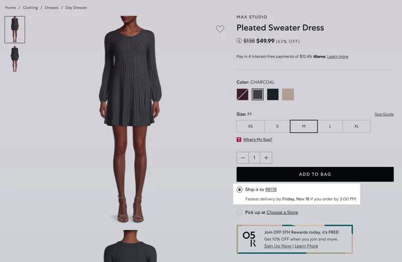 A screenshot of the Saks OFF 5TH website, showing precise estimated delivery dates.