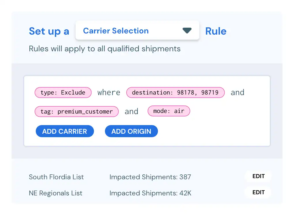 A screenshot of Shipium’s Universal Rules Engine.
