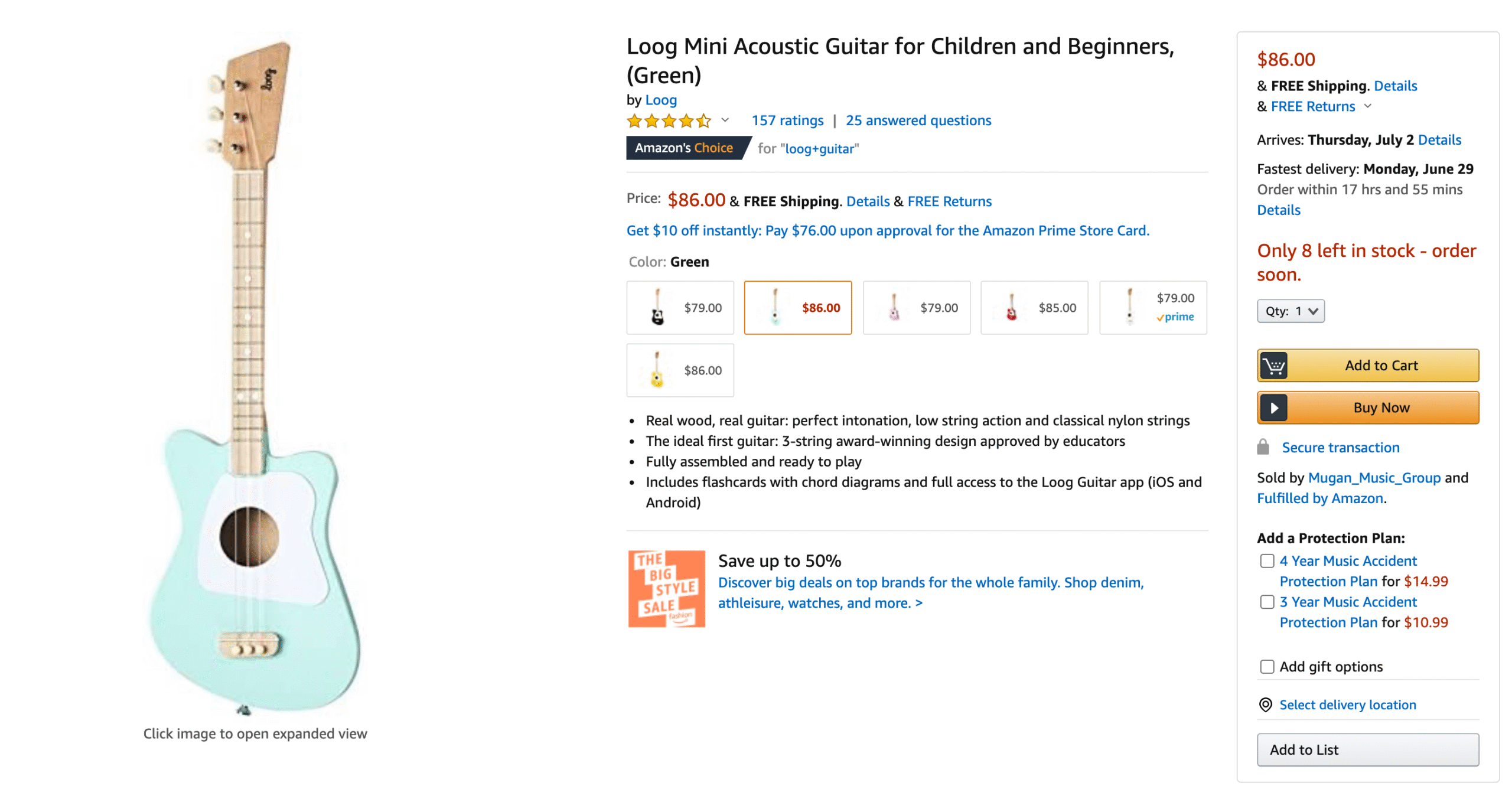 A screenshot from Amazon that shows a Loog product with an accurate shipping date displayed on the product page.