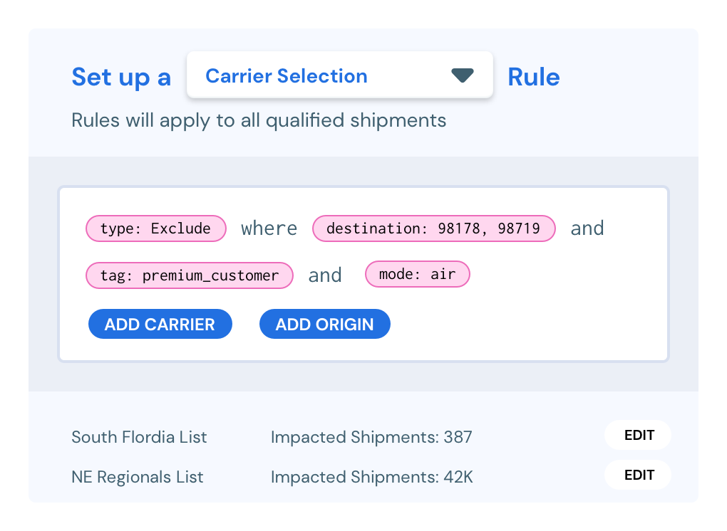 A screenshot of Shipium’s Universal Rules Engine.