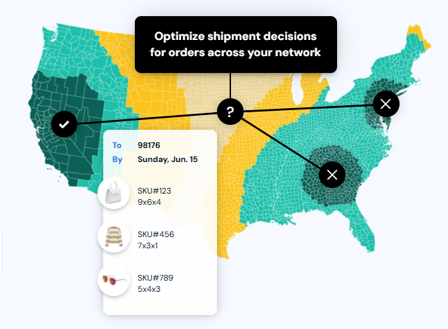 An image of the United States map illustrating how Shipium can optimize shipping decisions across the country for minimal shipment splits.