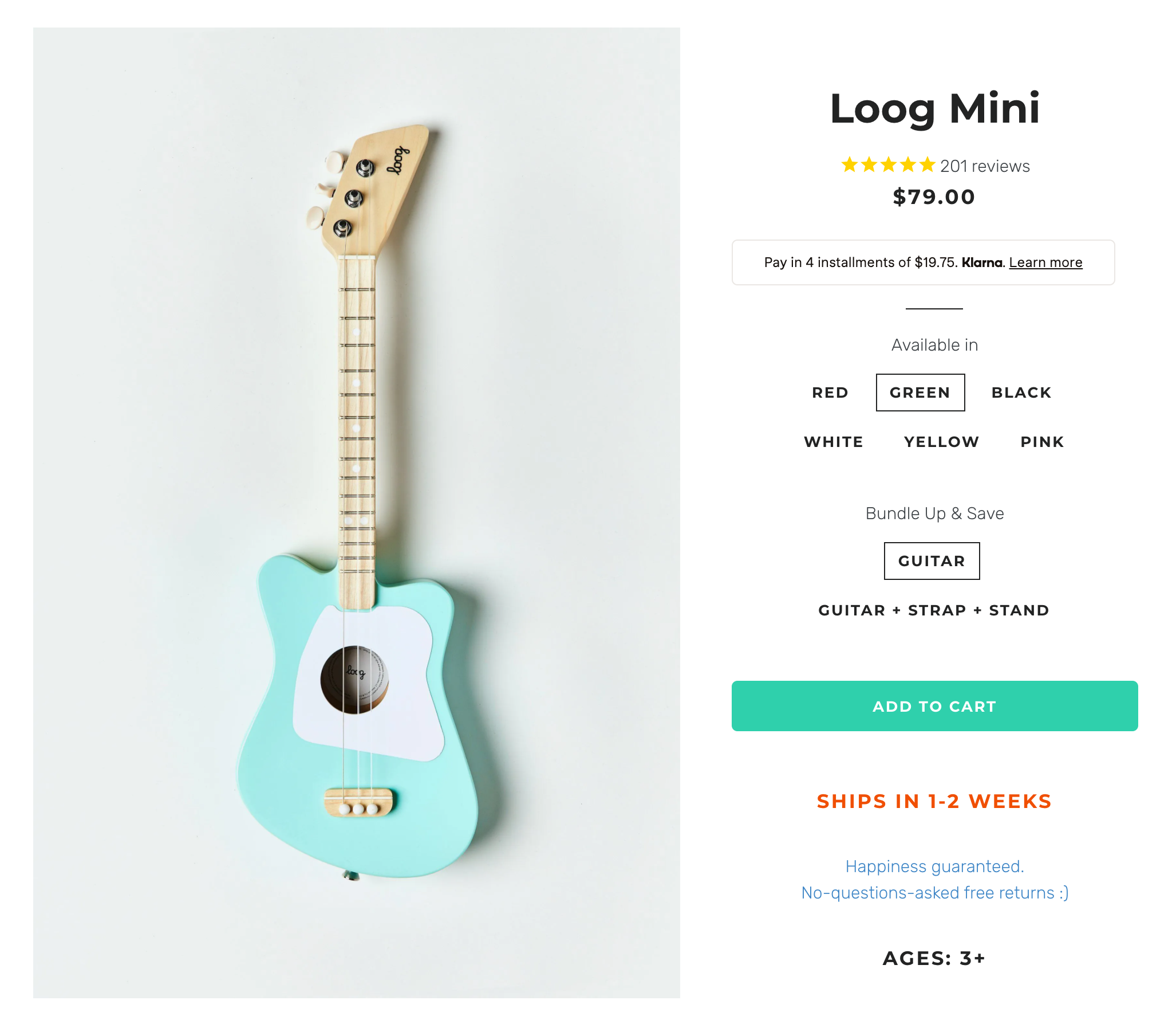 A screenshot from Loog showing an estimated delivery date that lacks precision on their product page.