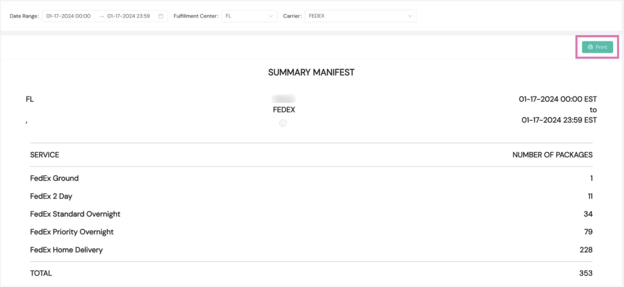 A shipping manifest summary report in Shipium.