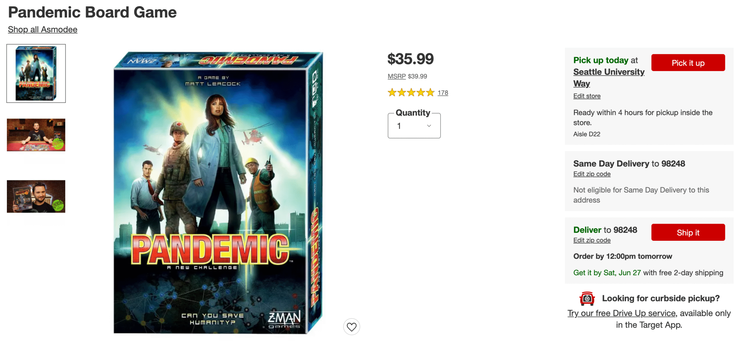 A screenshot that shows a Target product page displaying a same-day delivery promise.