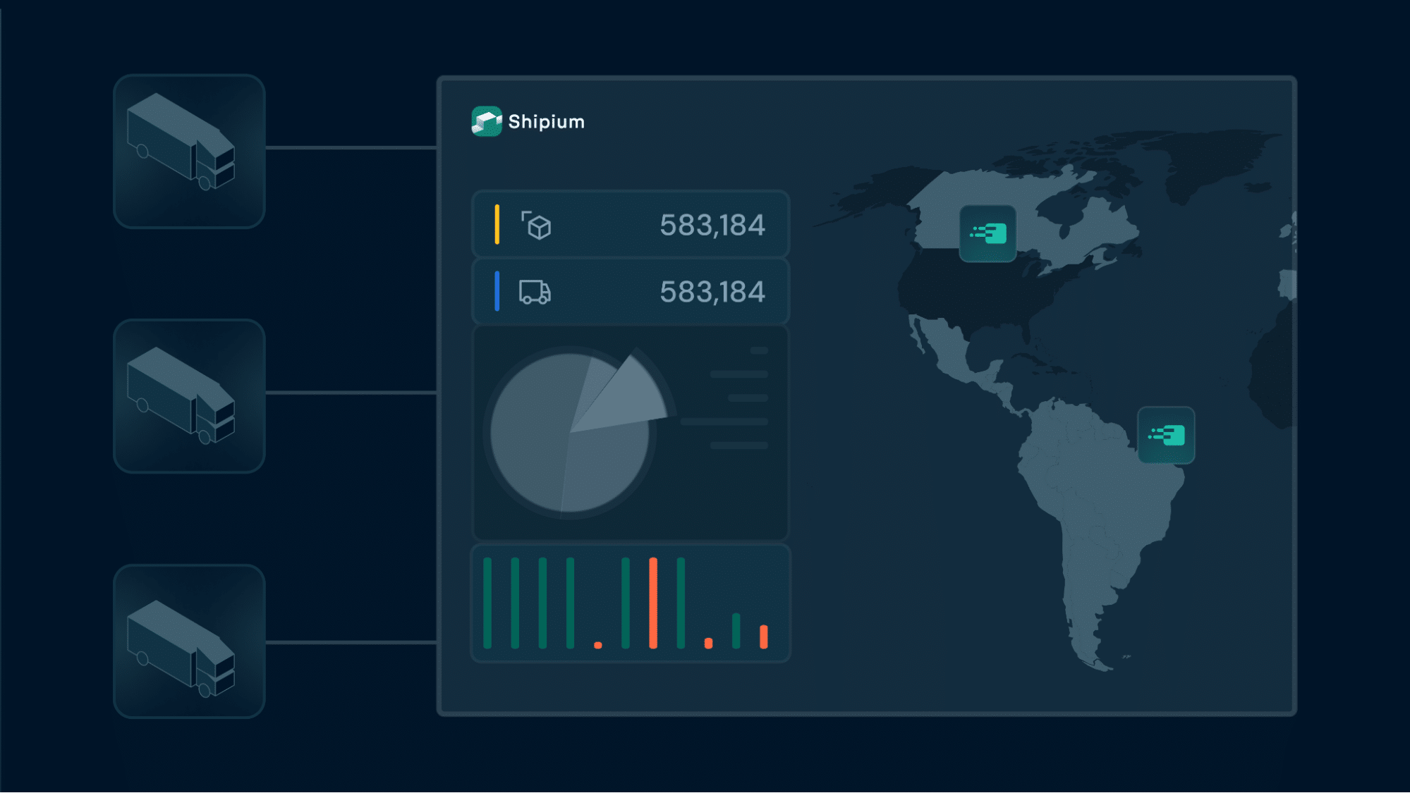 Illustration of a shipping analytics dashboard tracking carrier performance and fulfillment activity across a delivery network.