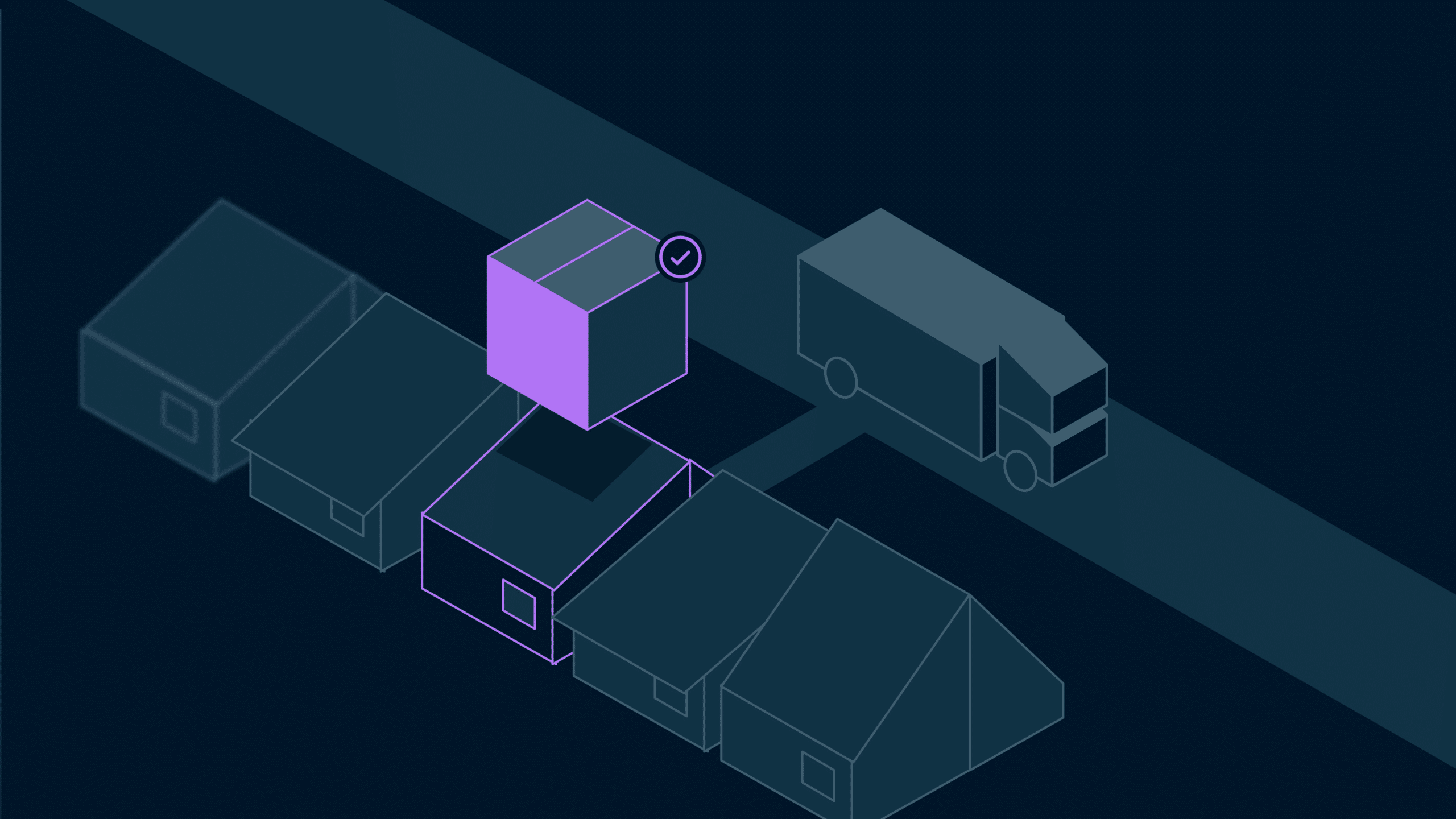 An Illustration of omnichannel distribution with packages moving between warehouses by delivery truck.