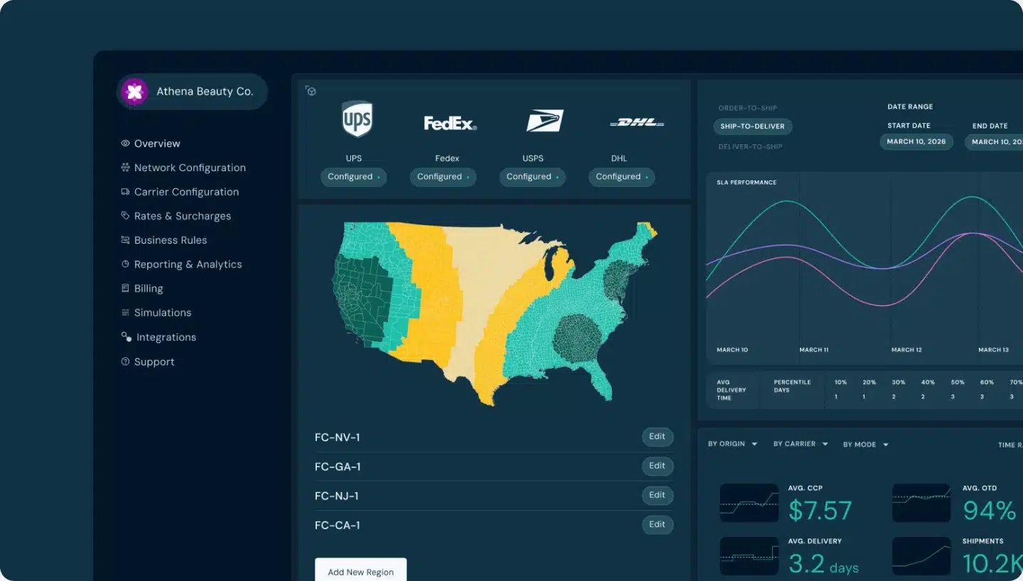 Carrier rate comparison dashboard with a delivery zone map