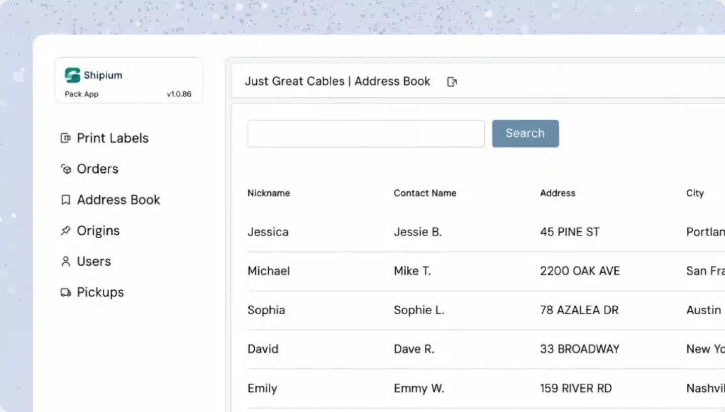 Shipium platform view of shipping origins used to report cost per package